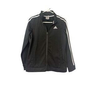 Kids Adidas Black Track Jacket White Stripes Zip Front‎ Athleisure L 14-16